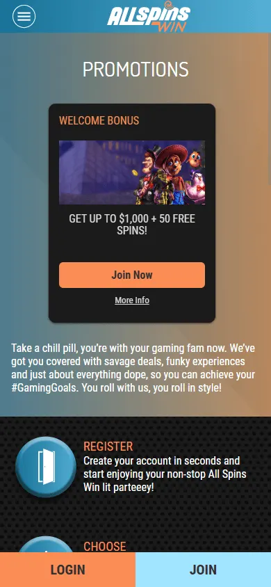All Spins Win Casino mobile browser promotions with bonus details