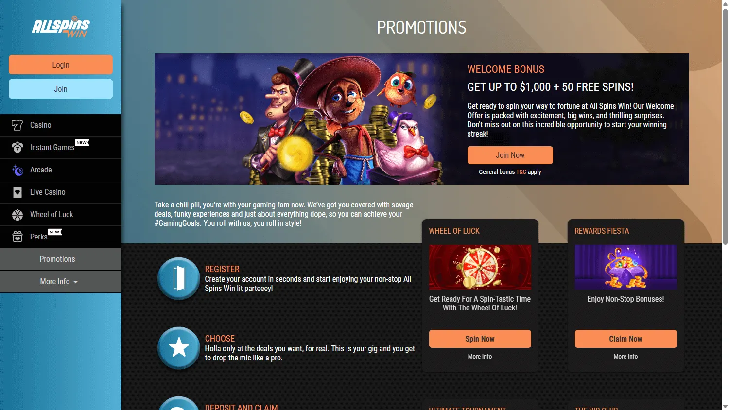 All Spins Win Casino desktop promotions with welcome and free-spin offers