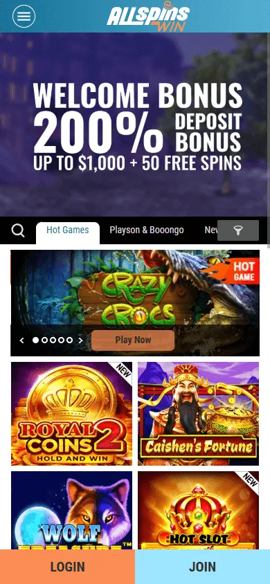 All Spins Win Casino mobile browser home experience on a phone