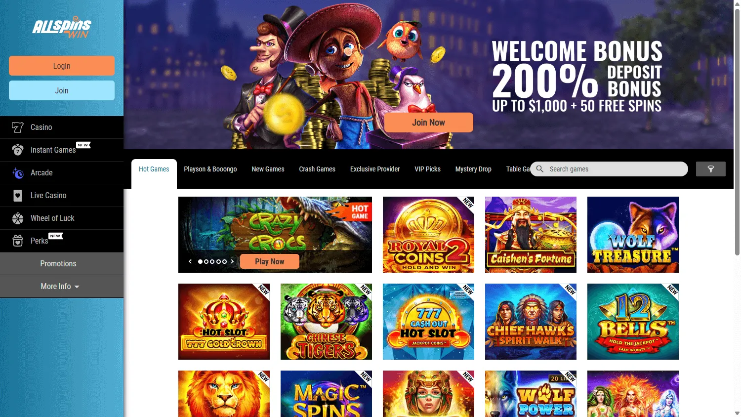All Spins Win Casino desktop home experience with AUD casino access